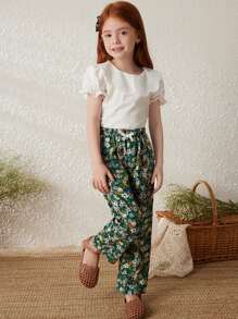 Blossori Quần ống rộng họa tiết hoa xanh ô liu cho bé gái có cạp chun, phong cách Pháp thanh lịch, xuân/hè - Nhiều màu - Xem 4