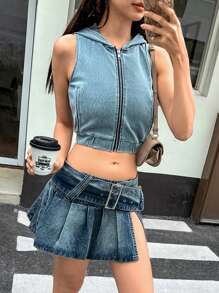SHEIN EZwear 女士牛仔 A 字裙，低腰侧开衩百褶迷你裙，蓝色 - 中等水洗藍 - 查看 5
