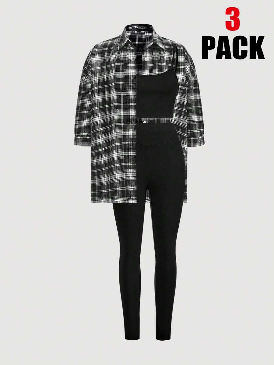 SHEIN LUNE 3pcs/Set Women Plaid Shirt, Camisole And Pants Casual Suit - Black - View 1