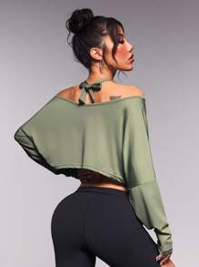 SHEIN Sport Studio Women's Solid Color Backless Halter Batwing Short Sleeve Outdoor Sports T-Shirt