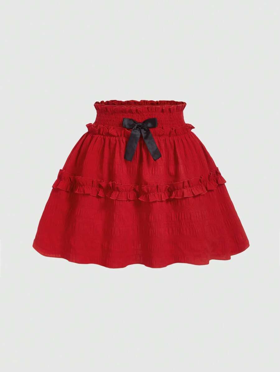 SHEIN MOD Falda plisada con dobladillo de volantes rojo, con decoración de lazo negro, estilo vintage romántico y elegante, adecuada para citas, fiestas, vacaciones, meriendas y atuendos de cumpleaños