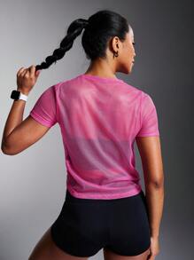 Powerista 纯色网眼透气透视短袖运动T恤健身房女士衬衫 - 玫紅色 - 查看 2