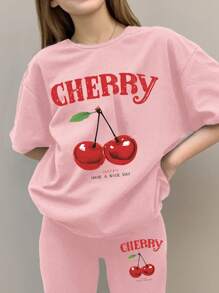 SHEIN Leap Crew 2pcs Tween Girls Casual Simple Letter & Cherry Print Short Sleeve T-Shirt And Long Pants Set, Suitable For Summer - Pink - View 4