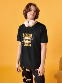 男式休闲时尚印花圆领短袖家居服上衣 - 黑色 - 查看 4