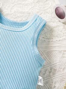SHEIN Conjunto elegante de blusa con bajo asimétrico y minifalda decorada con moño para bebé niña. Conjunto de ropa delgada de verano para bebé niña - Azul - Ver 4