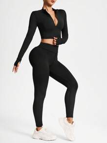 SHEIN Sport Studio Vintage Stylish Simple Long Sleeve Crop Top With Zipper, Casual Stand Collar Fashion Versatile Outerwear, Elegant Slimming High Waist Elastic Tight Bodycon Fitness Two-Piece Set