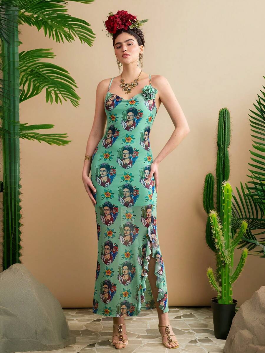 Frida Kahlo X SHEIN Women's Green Frida Portrait Print Mesh 3D Flowers Ruffles Slit Sling Long Dress Vacation Outfits Dress Woman Romantic Dresses - Green - View 1