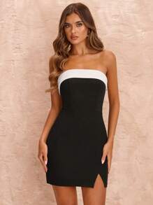 SHEIN BAE 纯色黑白露背蝴蝶结紧身露肩迷你连衣裙，夏季优雅连衣裙 - 黑色 - 查看 3