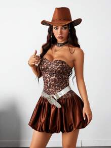 SHEIN EZwear 女士春夏约会夜复古俱乐部服装性感豹纹棕色紧身抹胸连衣裙