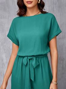 SHEIN Clasi Women's Elegant Round Neck Jumpsuit With Belted Waist & Wide Leg - Green - View 3