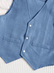 SHEIN 3 件套年轻男孩绅士精致优雅都市白色长袖衬衫、T 恤、背心和裤子套装，适合婚礼、派对、旅行、日常聚会、秋冬 - 藍色 - 查看 5