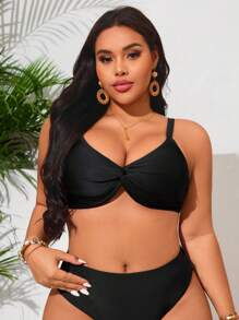 SHEIN Swim Curve Top de natación de talla grande para mujer con diseño de nudos en negro, espalda abierta sexy, estilo de vacaciones y deporte