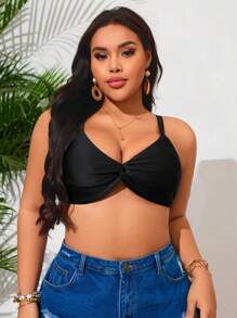 SHEIN Swim Curve Top de natación de talla grande para mujer con diseño de nudos en negro, espalda abierta sexy, estilo de vacaciones y deporte