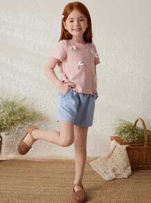 Blossori Young Girls French Elegant Pink Knit T-Shirt And Blue Woven Shorts Set, Spring/Summer - Multicolor - View 5