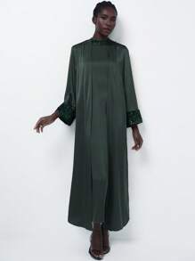 Aveloria Modichic 优质缎面闪光饰边高领无袖连衣裙，带拼接亮片长袖阿巴雅阿拉伯服装套装，深栗红色 - 墨綠色 - 查看 3