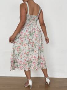 SHEIN Clasi Plus Size French Floral Print High Slit Strap Dress, Romantic Dress - Multicolor - View 2