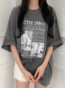 DAZY T-shirt oversize casual da donna con stampa slogan, scollo rotondo, spalle scoperte