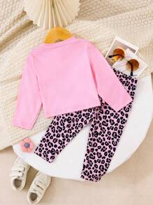 SHEIN Playful Pals 2件組女嬰休閒豹貓印花長袖T恤與長褲套裝，舒適百搭，適合戶外穿著，秋冬款 - 粉色 - 查看 2