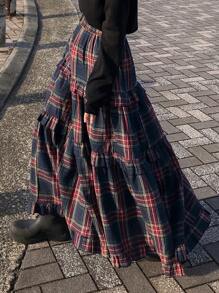 FRIFUL 女士弹力腰格子荷叶边宽松长款休闲A字裙 - 紅色 - 查看 8