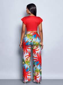 SOLERSUN Women 2 Pieces Set: Solid Color Ruffle Lantern Sleeve Crop Top & Tropical Plant Print Pants, Vacation Style - Red - View 2