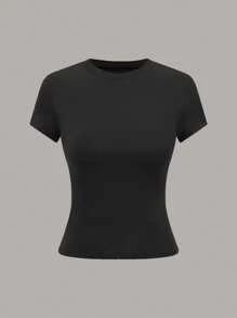 SHEIN Tall Women Plain Round Neck Short Sleeve Casual Versatile T-Shirt - Multicolor - View 3