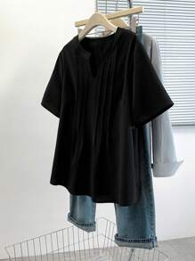 SHEIN LUNE Women's Elegant Commuter Casual Minimalist Versatile Bestselling V Neck Textured Short Sleeve Shirt, Black, Plus Size, Suitable For Spring, Summer, Autumn - Black - View 6