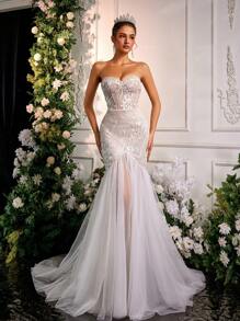 Glamrae Elegante, lujoso y romántico vestido de cola de sirena con parches de tul, detalles florales en 3D, aplicaciones de lentejuelas y encaje sin tirantes, adecuado para ceremonia de boda, vestido de novia