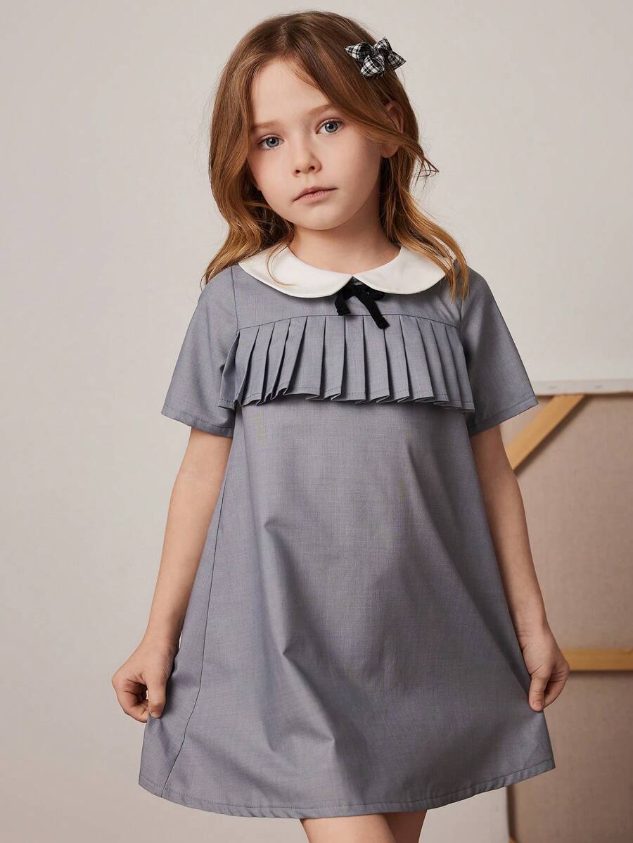 PrepCrw Young Girls' Spring Summer School Style Grey-Blue Woven A-Line Contrast White Collar Dress - Blue - View 1