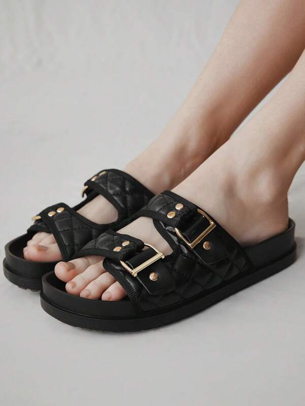 Solecia Women's Fashion Black Quilted Metallic Buckle Thick Sole Mule Sandals, Suitable For Commute, Dating, Party, Shopping, Travel