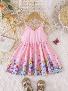 SHEIN Baby Girl Vacation Floral Print Casual Strap Dress Girls Summer Dress Toddler Girl Dress Summer Baby Girl Summer Dress - Pink - View 1