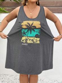 SHEIN CURVE+ Large Women's Minimalist Vacation Pattern Sleeveless Dress, Suitable For Spring/Summer Beach Holiday - Dark Grey - View 8