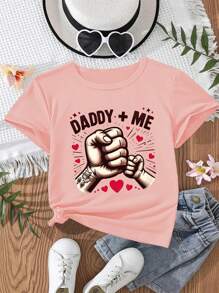 SHEIN Baby Girl Casual Comfortable Fashion Minimalist Fist Bump & Heart Graphic Short Sleeve T-Shirt, Spring/Summer - Pink - View 1