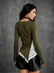 SHEIN EZwear T-shirt manches longues vintage à motif de lapin avec contraste de dentelle, idéal pour le printemps et l'été, les concerts et le jour de la Saint-Patrick, streetwear pour femmes