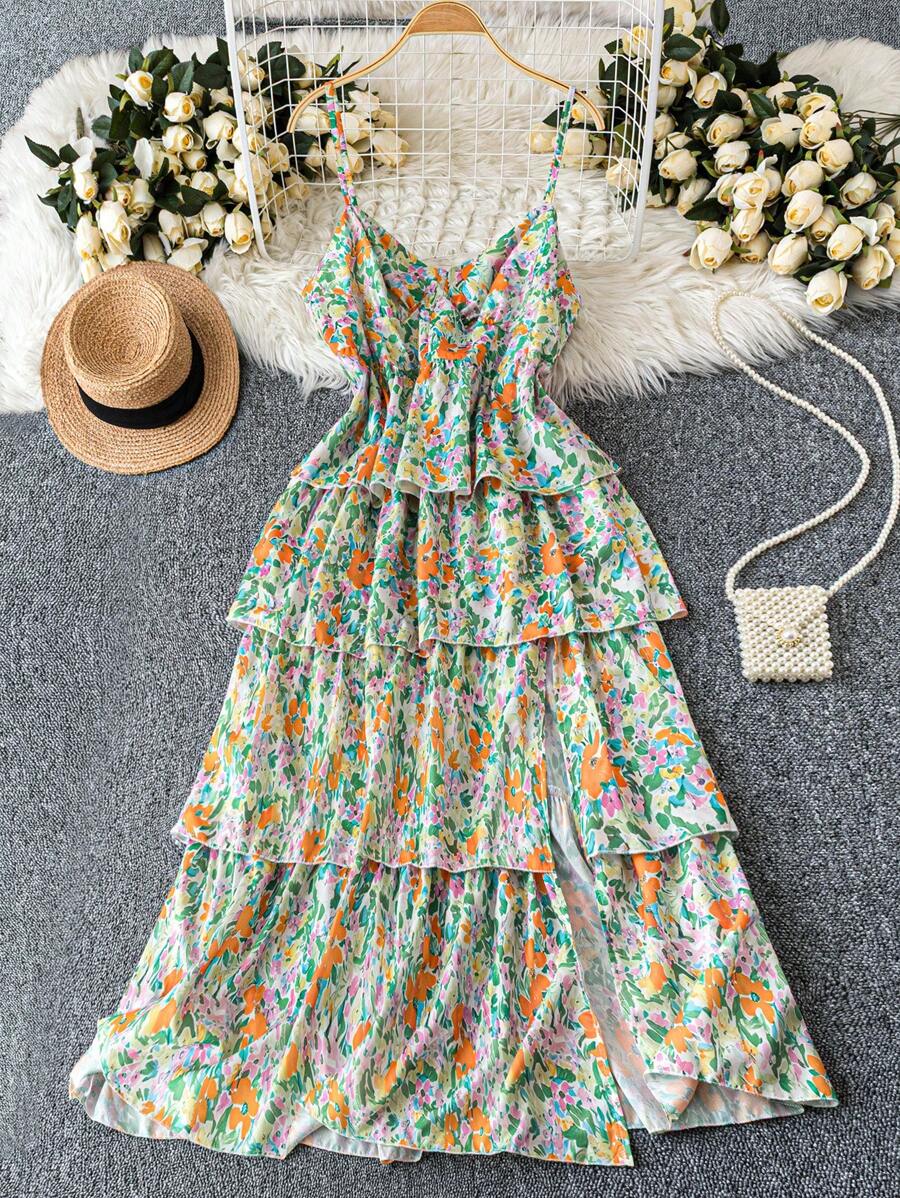 SHEIN LUNE 大码 V 领层叠荷叶边下摆连衣裙