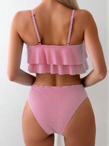 Swim Mod 条纹荷叶边下摆比基尼泳装套装，度假海滩