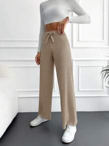 EURMUSE Quần ống đứng lưng rút dây đan gân cotton trơn - Màu be - Xem 3