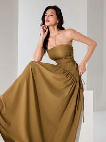 Modelyn Robe d'été élégante sans bretelles avec nœud à la taille, couleur kaki jaune. Robe de cocktail pour mariage, tenue d'été modeste pour femmes, dos nu et sexy - Kaki - Voir 7