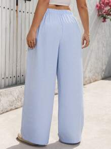 SHEIN LUNE Plus Size Women Tie Waist Striped Pocket Wide Leg Pants - Blue and White - View 2