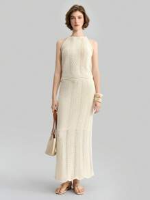 Ontre 女士休闲纯色长款针织裙，适合度假装女士 - 杏色 - 查看 5