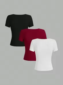 SHEIN EZwear 3 件女式方领修身短袖罗纹 T 恤，适合夏季，安科拉红色 - 彩色 - 查看 2