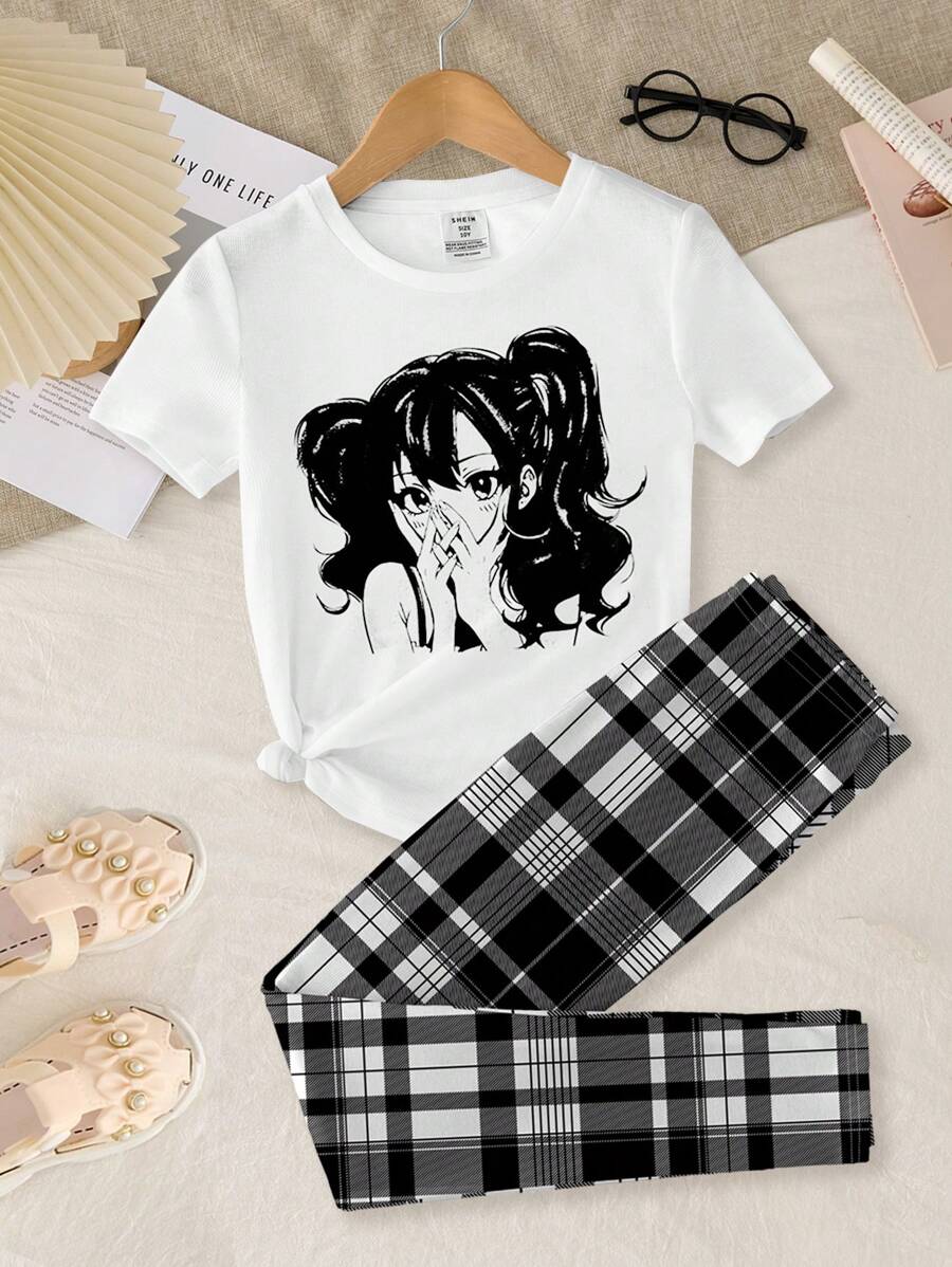 SHEIN Tween 女童休闲简约短袖和长裤睡衣套装，贴身罗纹面料，适合春夏季 - 白色 - 查看 1