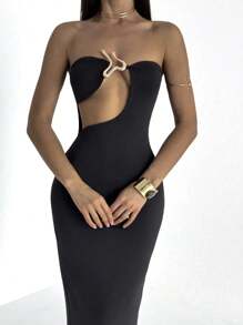 Aloruh Women Metal Decor Hollow Out Bodycon Dress