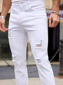 RivetRise Men's Distressed White Denim Jeans, Minimalist And Fashion, Suitable For Summer