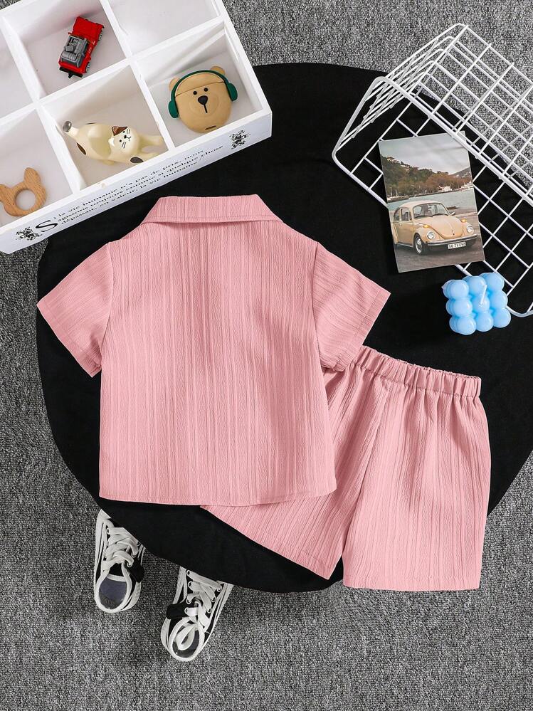 SHEIN مجموعة من قطعتين لأطفال الرضع البنات/الأولاد، كاردجان بياقة مربعة وسروال قصير بلون أحادي، لفصل الصيف - وردي - مشاهدة 2