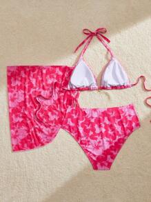 Swim Mod Plus Size Women's 3pcs Set Lovely Multi-Color Floral Print Halter Top, Skirt & Swimwear For Summer Beach Vacation - Multicolor - View 2