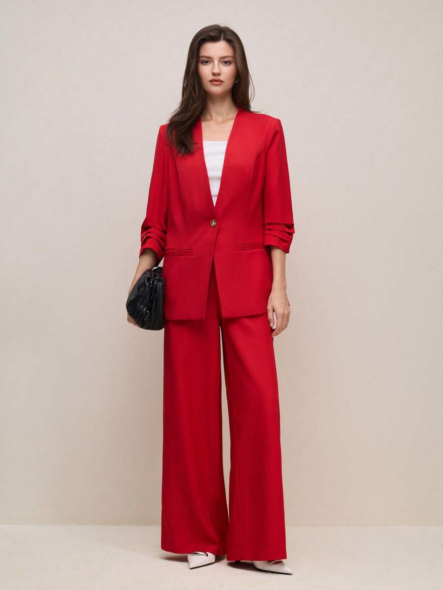 BizChic Red Mid-Sleeve Women Blazer With Wide-Leg Pants Ladies Suit Set, Spring/Summer - Red - View 1
