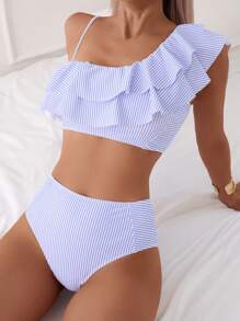 SHEIN Swim Women's Casual Random Striped Floral Print Ruffled Crop Top And Sexy High Waist Bikini Set, Spring/Summer - Multicolor - View 1