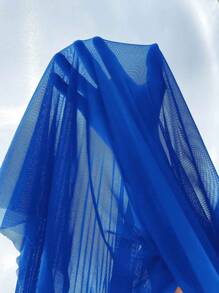 Slumberist 鱼骨纹褶皱蕾丝拼接大码吊带睡袍和喇叭袖网眼睡袍套装 - 寶藍色 - 查看 3