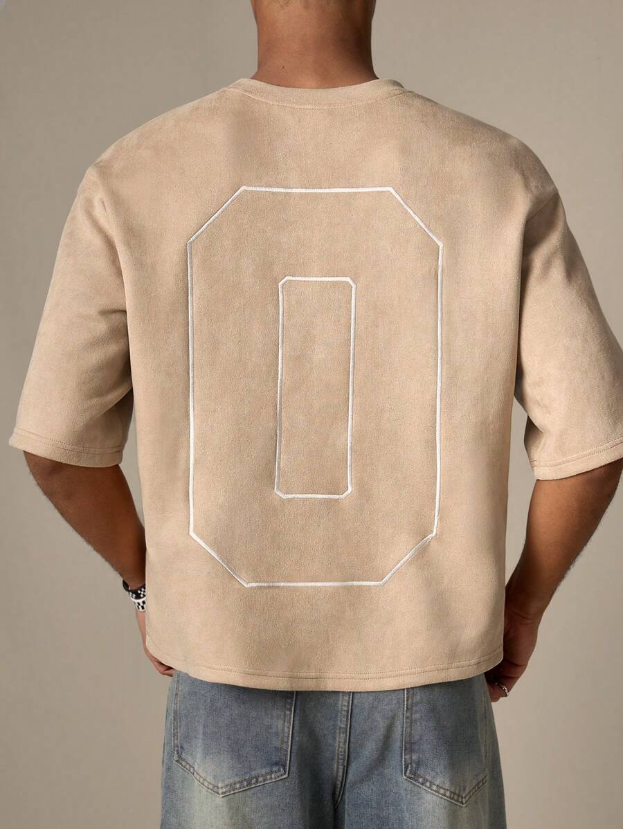 SWAVVY 男士针织时尚休闲宽松数字刺绣短袖T恤，夏季，学校，秋季 - 卡其色 - 查看 1