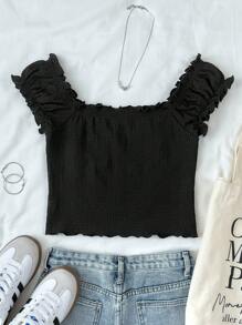 SHEIN 少女可爱荷叶边提花T恤，返校季 - 黑色 - 查看 2